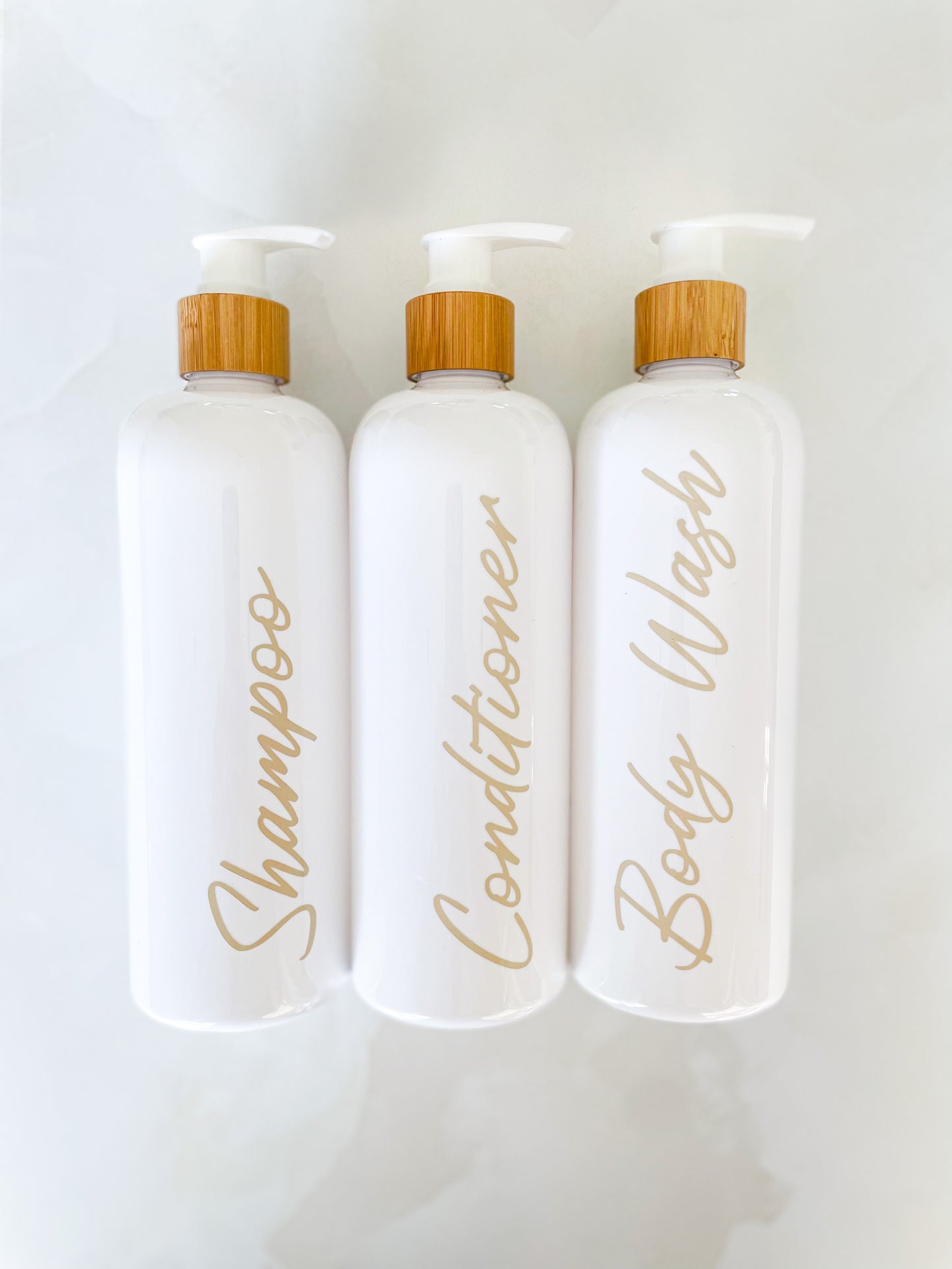 3 Pack of 1L White Bottles with Bamboo Pump Lid and Vinyl labels