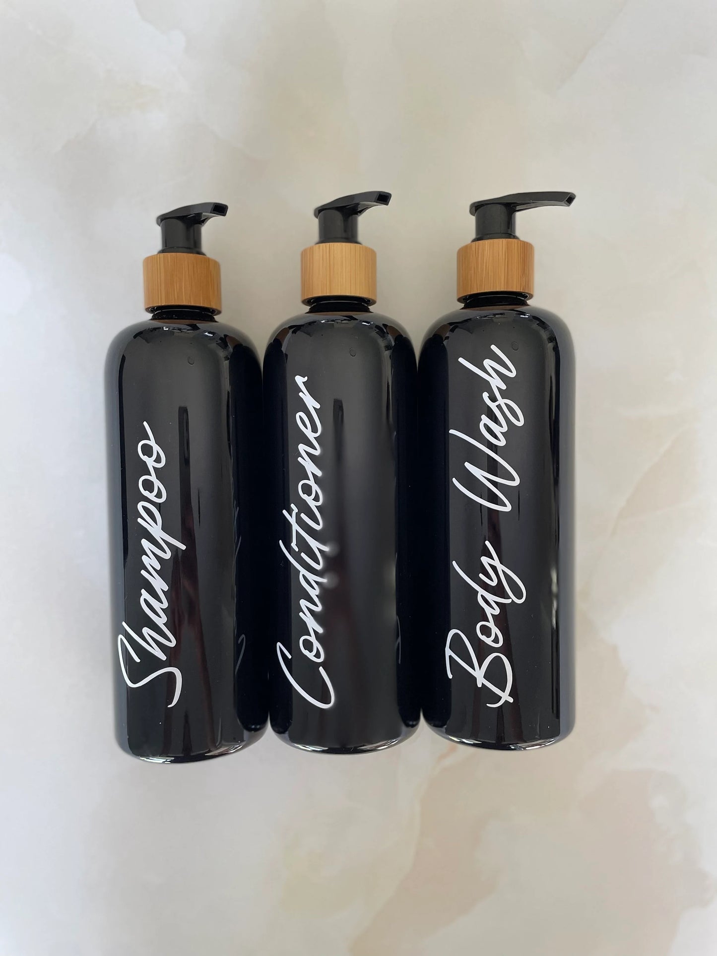 3 Pack of 1L Black Bottles with Bamboo Pump Lid and Vinyl labels