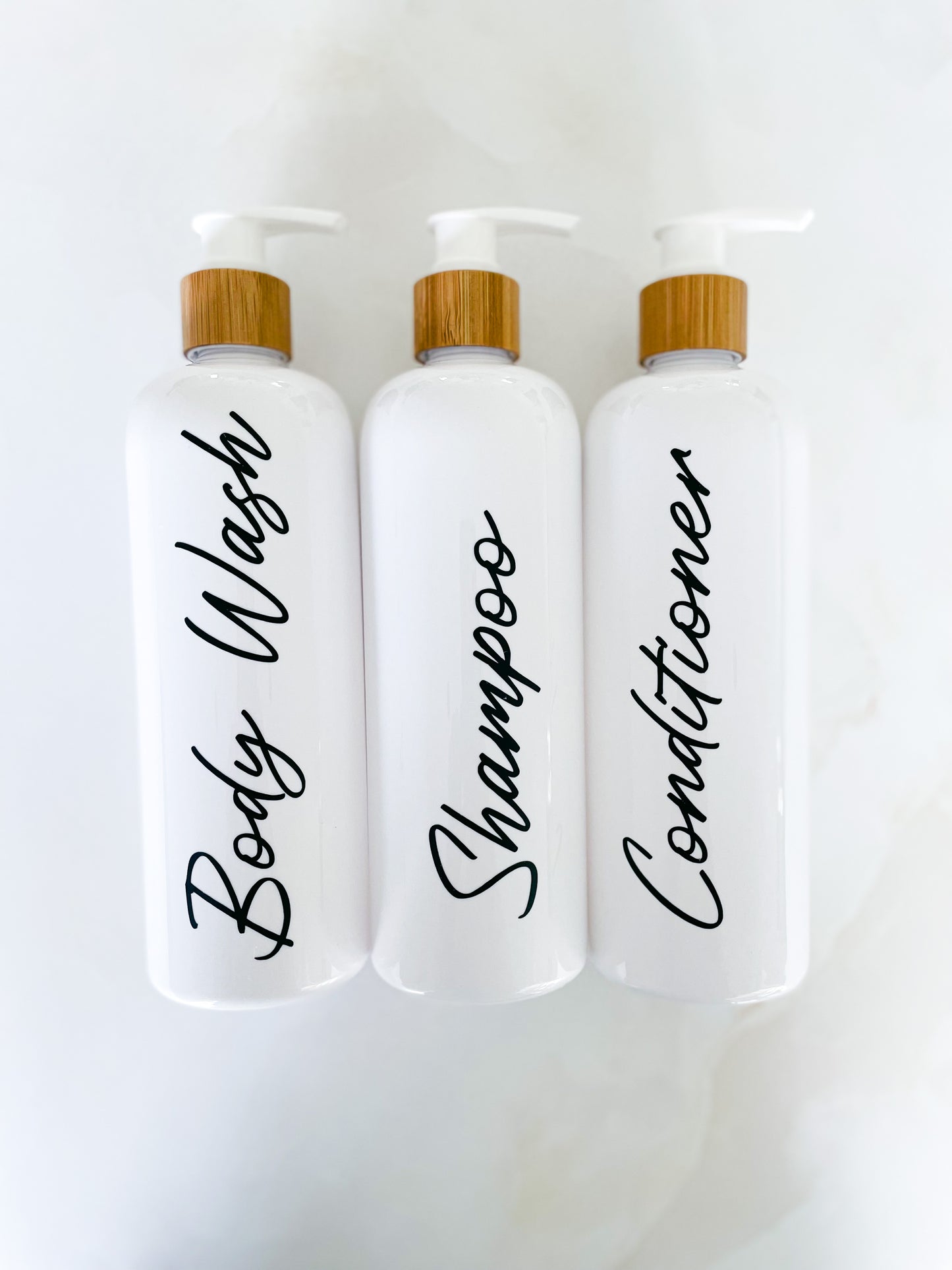 3 Pack of 500ml White Bottles with Bamboo Pump Lid and Vinyl Labels